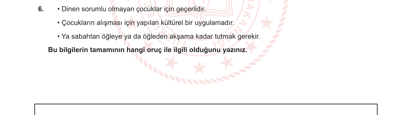 Din Kültürü ve Ahlak Bilgisi sorusu 9 — Oruç Çeşitleri — Tutan Orucu / Çocuk Orucu (5. Sınıf Din Kültürü)