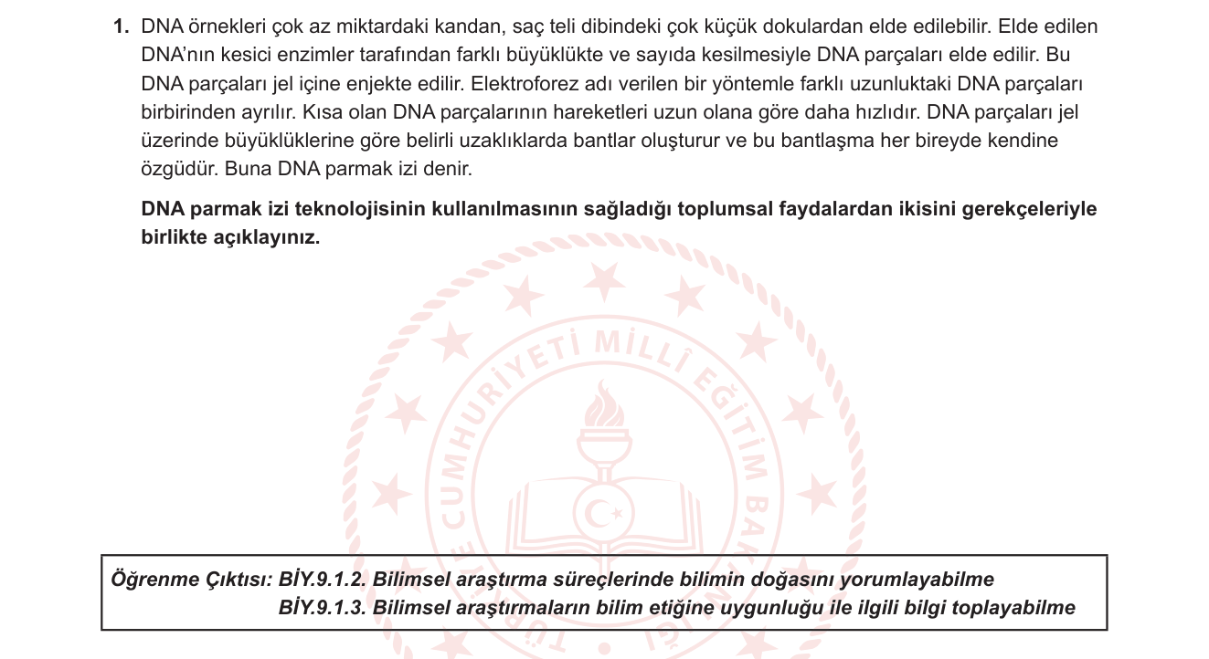 Biyoloji sorusu 1 — DNA parmak izi teknolojisi ve toplumsal uygulamaları