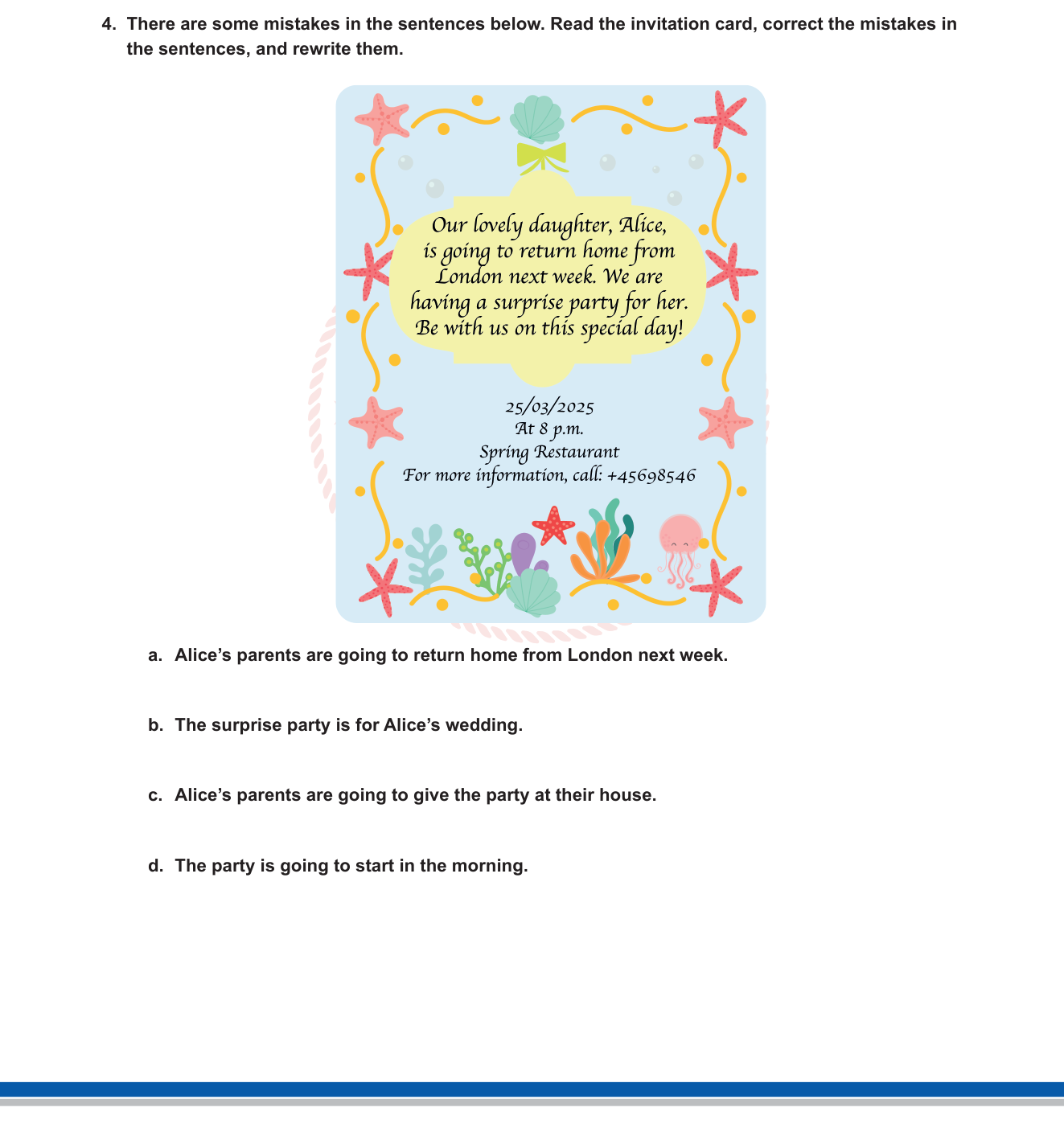 İngilizce sorusu 5 — Reading — invitation card; error correction; 'going to' future tense