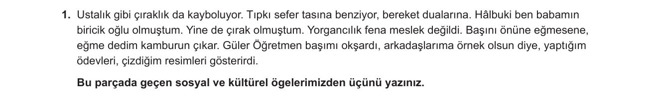 Türk Dili ve Edebiyatı sorusu 11 — Metinde sosyal ve kültürel ögeler — gelenek, zanaat, inanç (12. sınıf Türk Dili ve Edebiyatı)