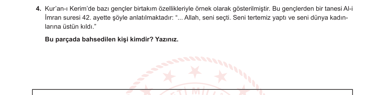Din Kültürü ve Ahlak Bilgisi sorusu 4 — Kur'an'da Örnek Gençler — Hz. Meryem (10. Sınıf Din Kültürü)
