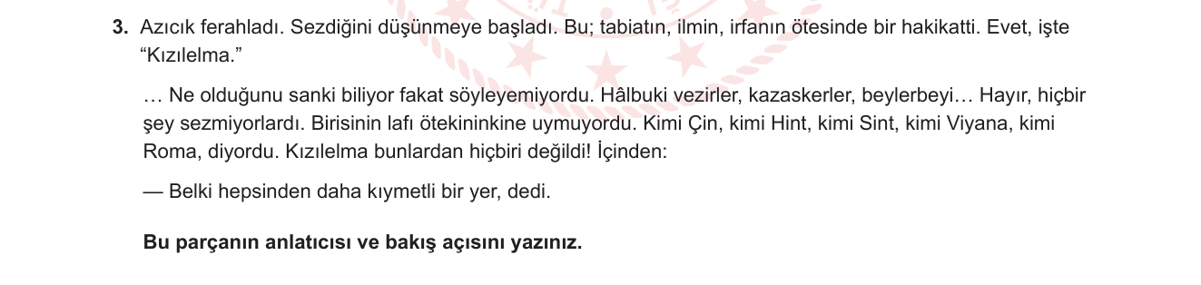 Türk Dili ve Edebiyatı sorusu 13 — Anlatıcı ve bakış açısı türleri (roman/hikâye)