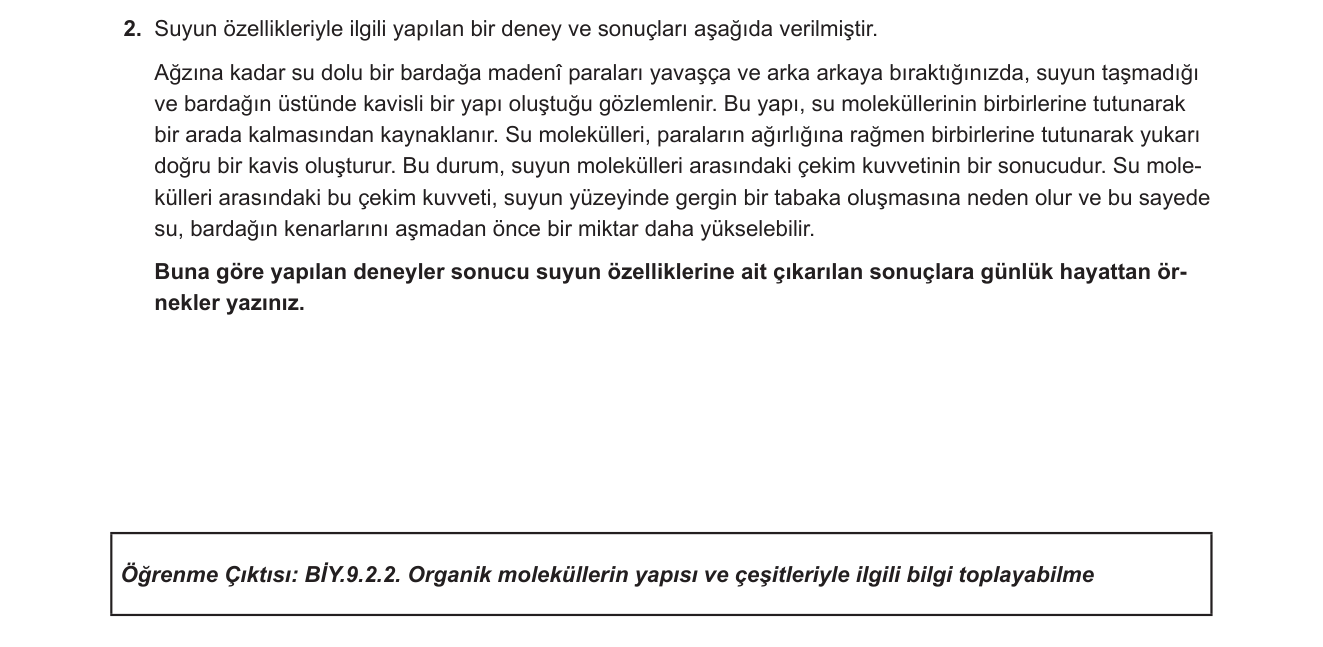 Biyoloji sorusu 2 — Suyun özellikleri: kohezyon ve yüzey gerilimi; biyolojik ve günlük hayat uygulamaları