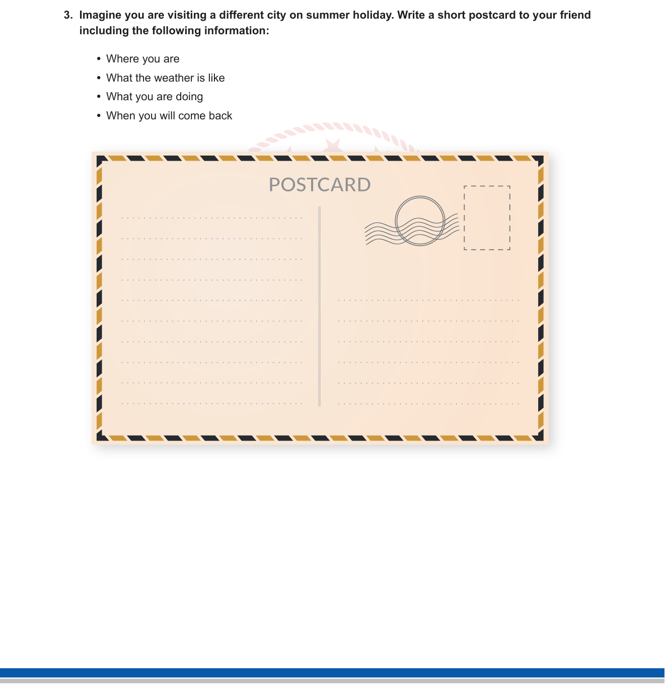 İngilizce sorusu 3 — Writing – Postcard / Informal Writing (Kartpostal, tatil yazısı, hava durumu, zaman ifadeleri)