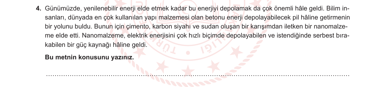 Türkçe sorusu 7 — Metnin konusu / Paragraf bilgisi