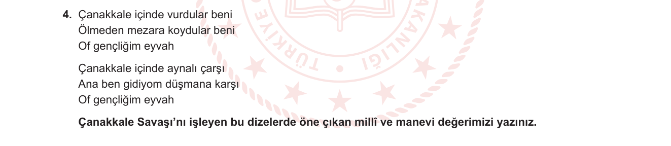 Türk Dili ve Edebiyatı sorusu 7 — Türk Halk Edebiyatı / Türkü / Millî ve manevi değerler