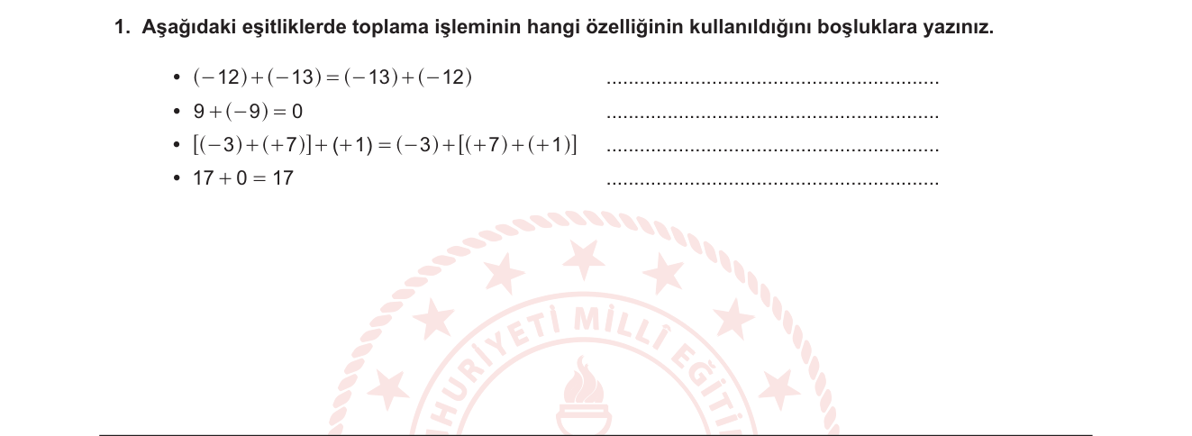Matematik sorusu 15 — Tam sayılarda toplama işleminin özellikleri