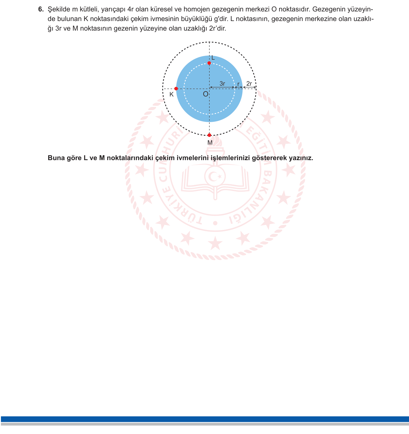 Fizik sorusu 6 — Gravitasyon — Küresel cisim içinde ve dışında çekim ivmesi (Kabuk Teoremi)