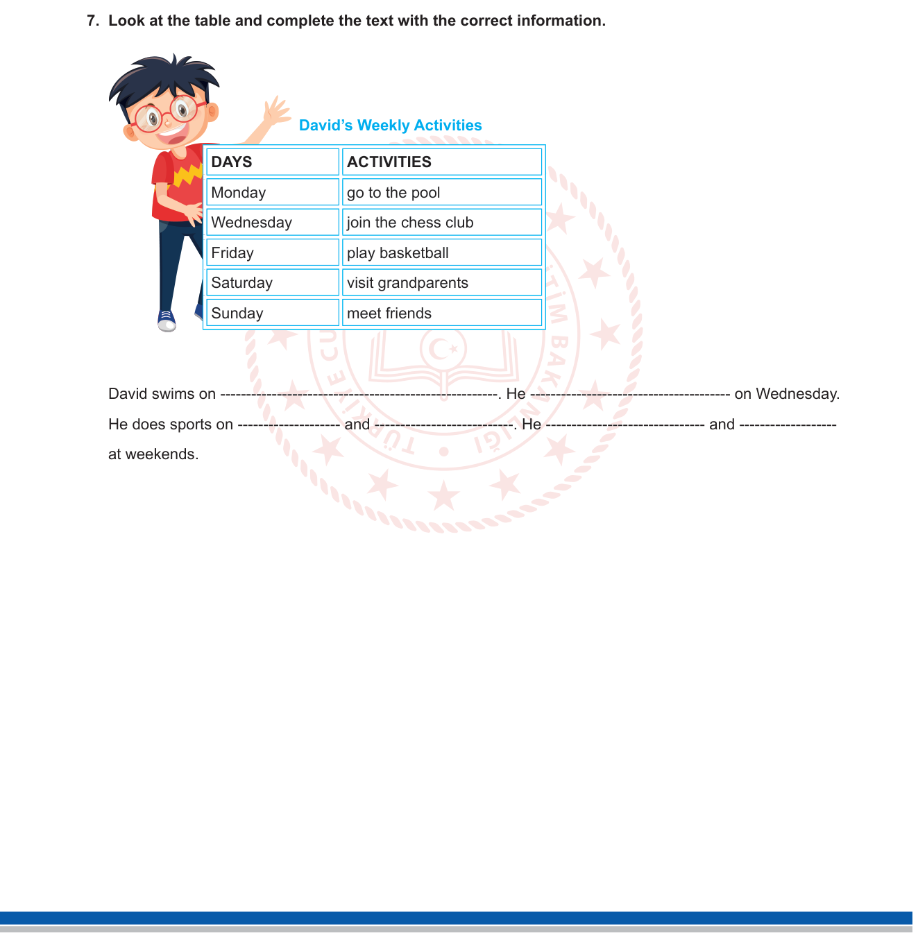 İngilizce sorusu 8 — Days of the week / Free time activities / Simple present tense / Weekly schedule