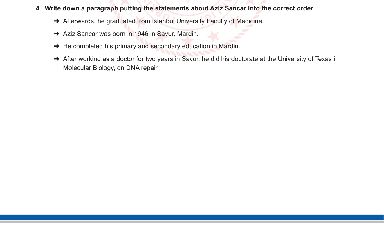 İngilizce sorusu 5 — Writing — Paragraph Writing / Sequencing (Biography)