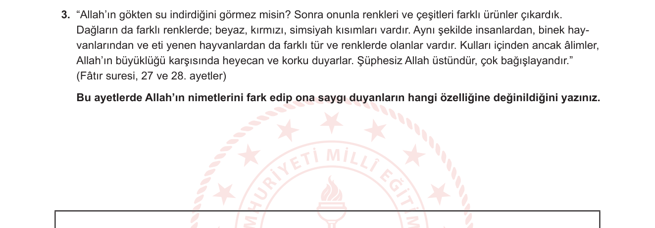 Din Kültürü ve Ahlak Bilgisi sorusu 3 — Kuran'ı Anlama — Fatır Suresi / Haşyet ve İlim İlişkisi