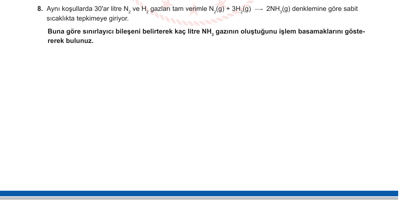 Kimya sorusu 10 — Kimyasal Hesaplamalar — Gazlarda Hacim Stokiyometrisi / Sınırlayıcı Bileşen (10. sınıf)