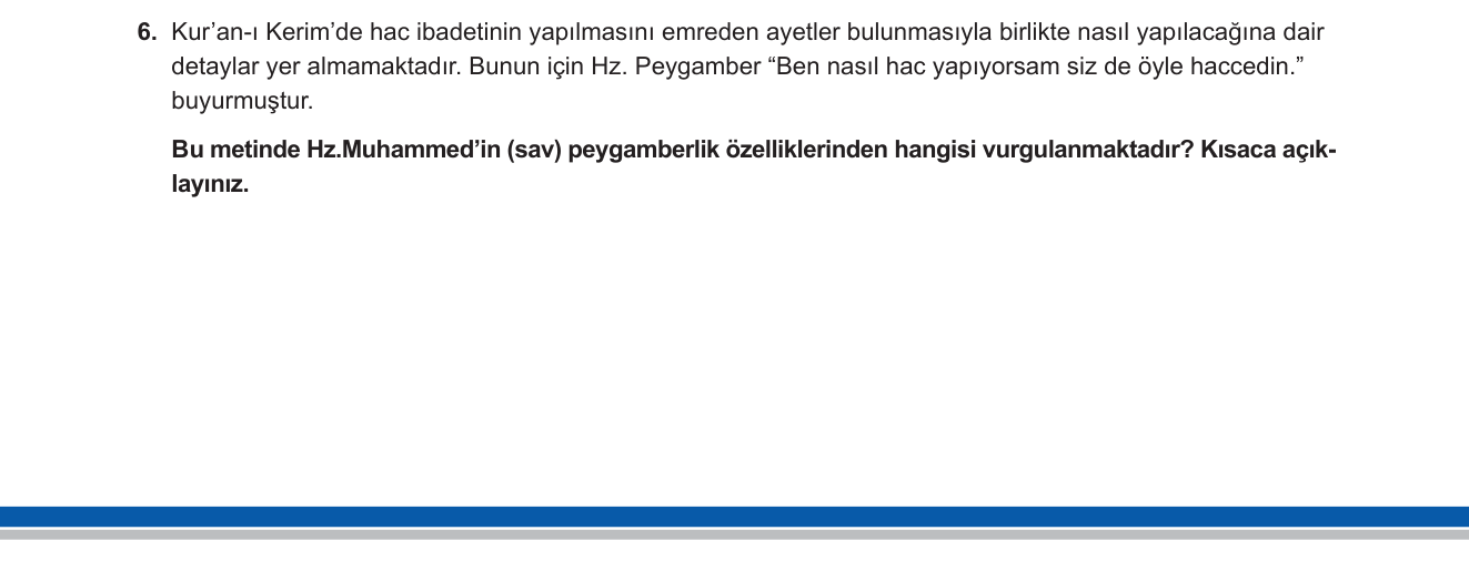 Din Kültürü ve Ahlak Bilgisi sorusu 6 — Hz. Muhammed'in Peygamberlik Özellikleri — Üsve-i Hasene / Kur'an'ı Açıklama