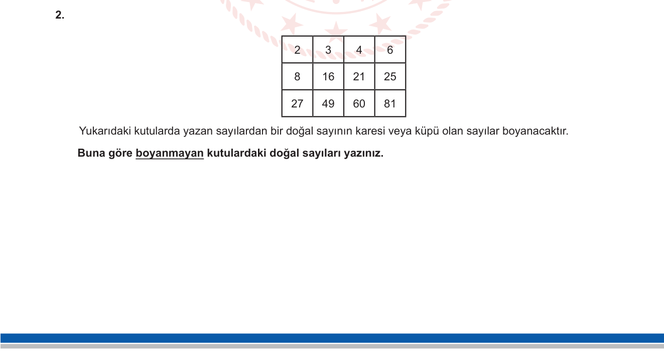 Matematik sorusu 2 — Doğal Sayılarda Üslü İfadeler — Kare ve Küp Sayılar