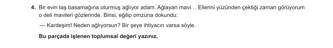 Türk Dili ve Edebiyatı sorusu 13 — Metinde toplumsal değerler — yardımseverlik, dayanışma, merhamet (12. sınıf Türk Dili ve Edebiyatı)