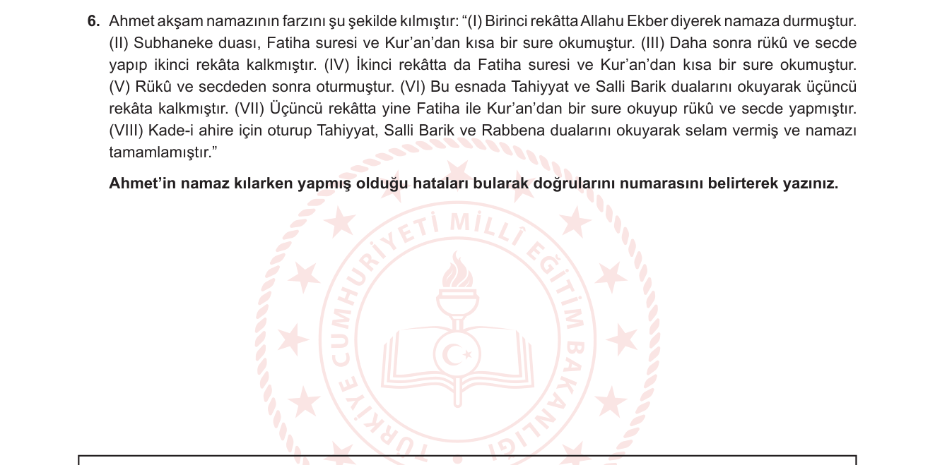 Din Kültürü ve Ahlak Bilgisi sorusu 6 — İslam'da İbadet — Namazın Kılınışı, Ka'de (Oturuş) Duaları