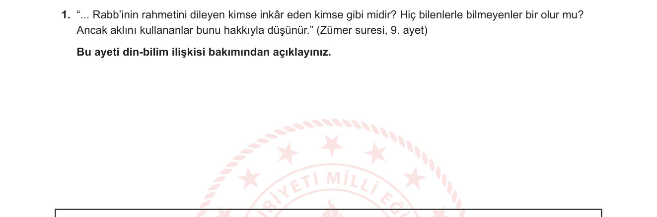 Din Kültürü ve Ahlak Bilgisi sorusu 9 — Din-bilim ilişkisi / Kur'an ve akıl — Zümer 9. ayet