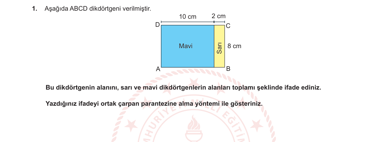 Matematik sorusu 10 — Alan hesabı, dağılma özelliği ve ortak çarpan parantezine alma