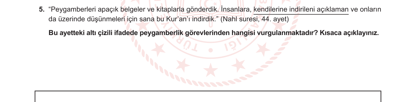 Din Kültürü ve Ahlak Bilgisi sorusu 12 — Hz. Muhammed'in Peygamberlik Görevleri — Kur'an'ı Açıklama (Beyan/Tebyin)
