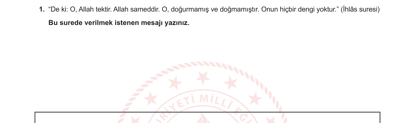 Din Kültürü ve Ahlak Bilgisi sorusu 1 — Allah'ın varlığı ve birliği — Tevhid — İhlâs suresi (5. sınıf Din Kültürü)