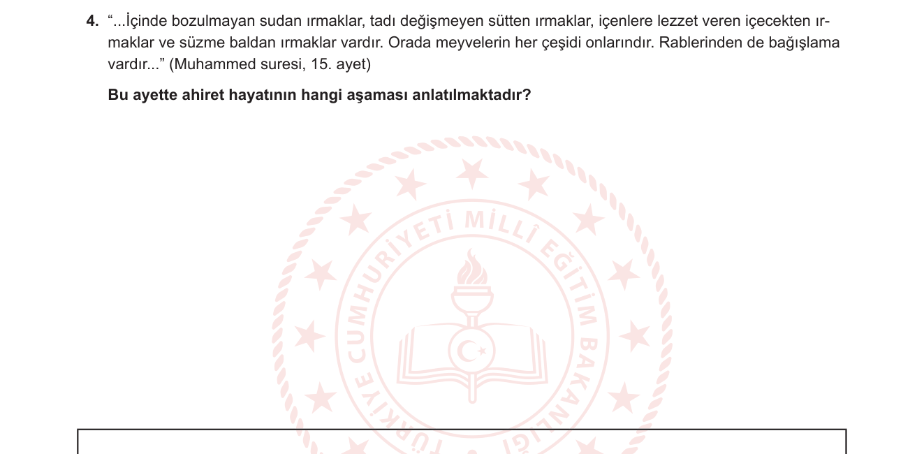 Din Kültürü ve Ahlak Bilgisi sorusu 3 — Ahiret İnancı — Cennet / Cennet Nimetleri