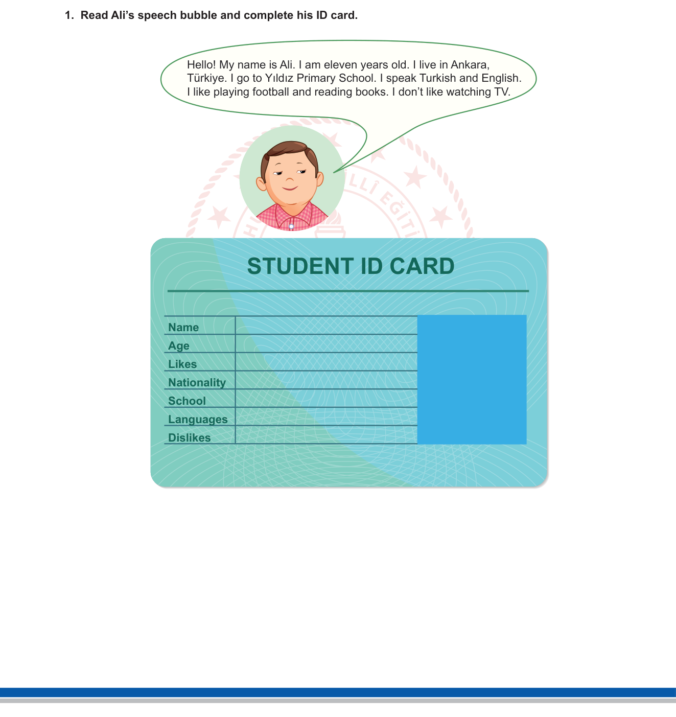 İngilizce sorusu 1 — Kendini tanıtma (Introducing Yourself) / Kimlik bilgileri (Personal Information) — 5. Sınıf İngilizce