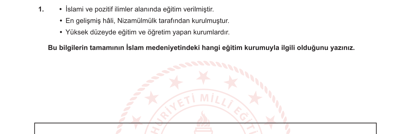 Din Kültürü ve Ahlak Bilgisi sorusu 1 — İslam Medeniyetinde Eğitim Kurumları — Nizamiye Medreseleri