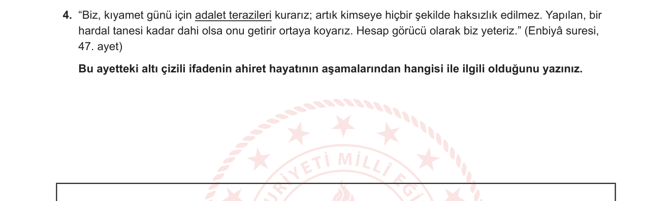 Din Kültürü ve Ahlak Bilgisi sorusu 5 — Ahiret Hayatının Aşamaları — Mizan (7. sınıf Din Kültürü — Ahirete İman)