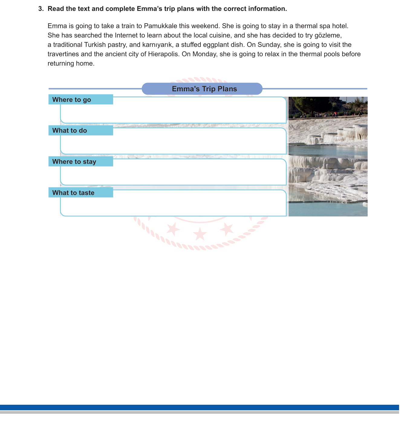 İngilizce sorusu 3 — Travel & Tourism / Reading Comprehension → Table Completion (10. sınıf İngilizce — Travel Plans / Pamukkale)