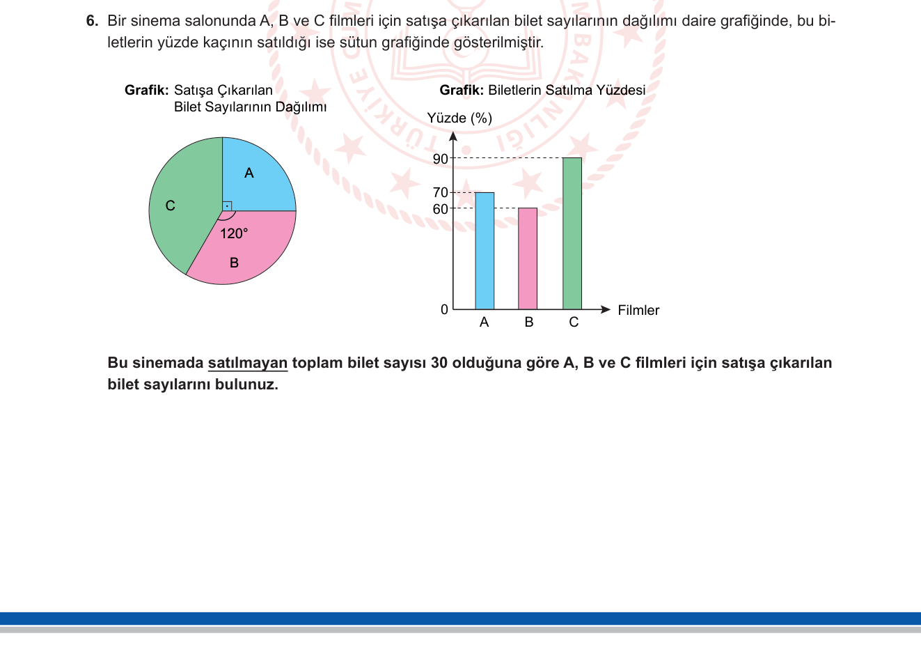 Matematik sorusu 6 — Veri Analizi - Daire Grafiği ve Sütun Grafiği / Yüzde Hesabı