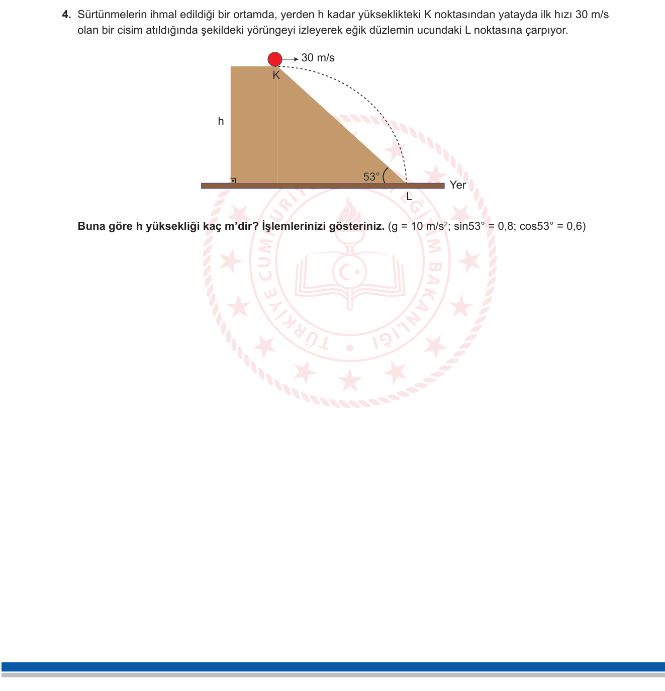 Fizik sorusu 4 — Yatay atış hareketi ve geometrik kısıt (eğik düzlem)