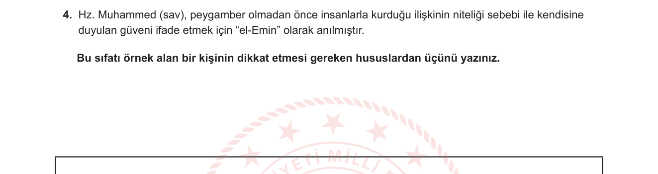 Din Kültürü ve Ahlak Bilgisi sorusu 12 — Hz. Muhammed'in (sav) Örnek Kişiliği — el-Emin Sıfatı (10. Sınıf Din Kültürü)