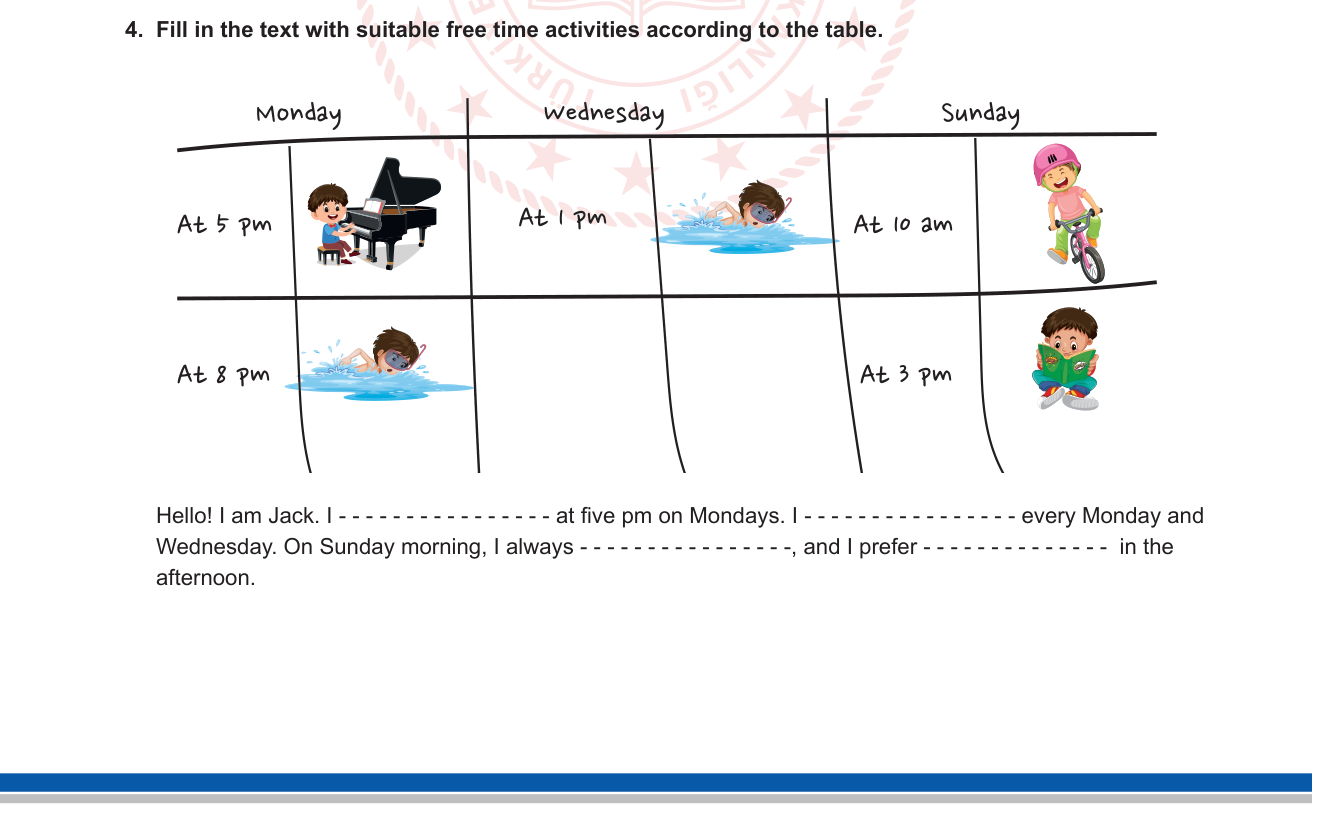 İngilizce sorusu 6 — Free time activities; reading a schedule/table; present simple (habitual actions); go + -ing