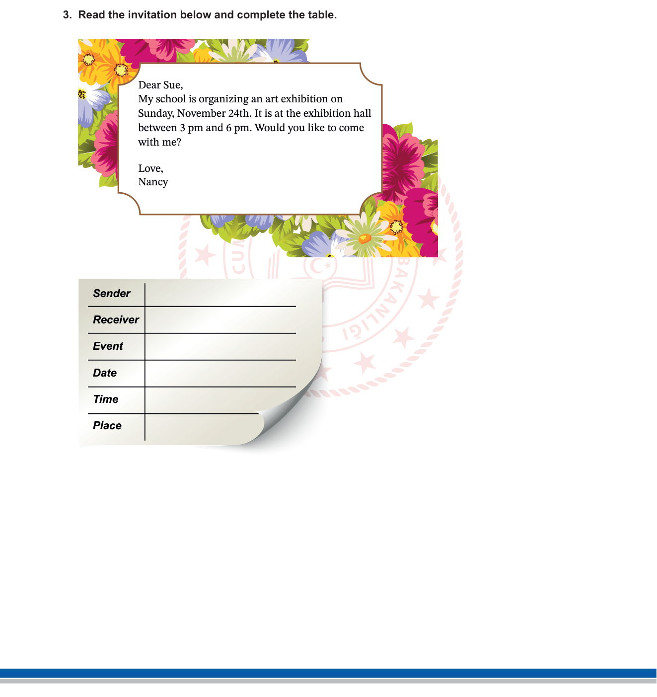 İngilizce sorusu 4 — Davet mektubu okuma ve tablo doldurma (invitation letter — information extraction)