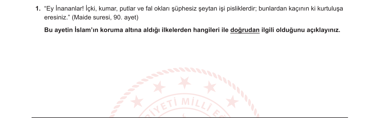 Din Kültürü ve Ahlak Bilgisi sorusu 1 — İslam'ın beş temel koruma ilkesi (makasıdu'ş-şerîa) — Maide 90. ayet (8. sınıf Din Kültürü)