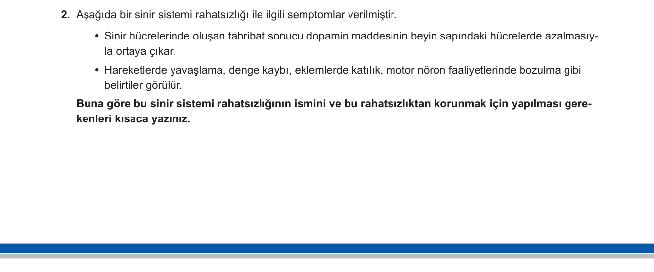 Biyoloji sorusu 11 — Sinir sistemi hastalıkları — Parkinson hastalığı, korunma yolları (11. Sınıf Biyoloji)