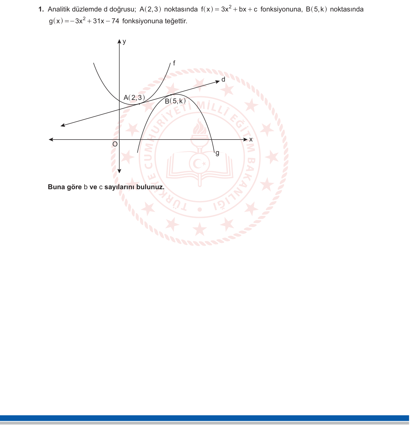 Matematik sorusu 1 — Türev — Teğet Doğrusu ve Parabol Parametresi Belirleme