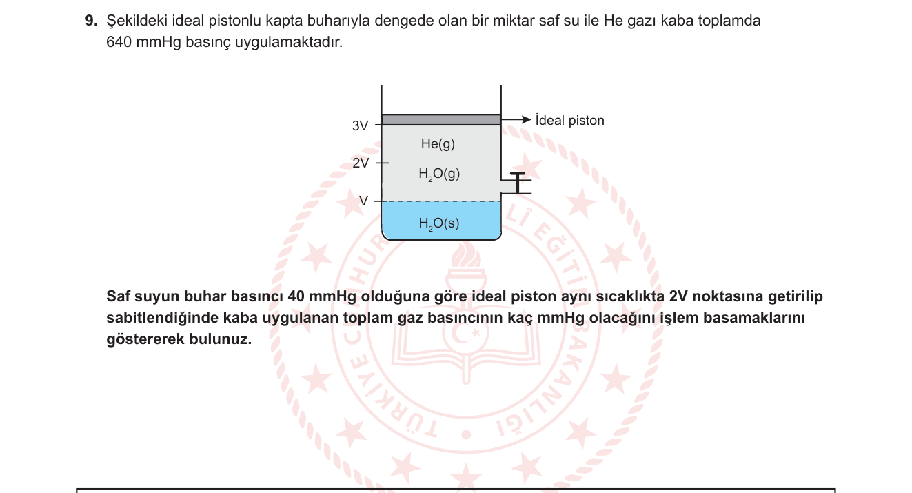 Kimya sorusu 10 — Gazlar — Dalton Kısmi Basınçlar Yasası, Boyle Yasası, buhar basıncı ve faz dengesi