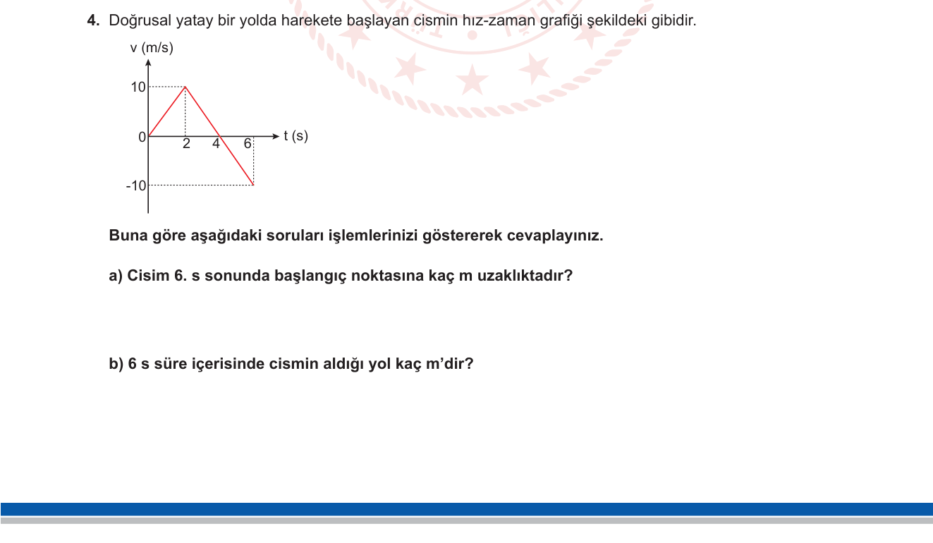Fizik sorusu 14 — Hareket — hız-zaman grafiği, yer değiştirme ve yol