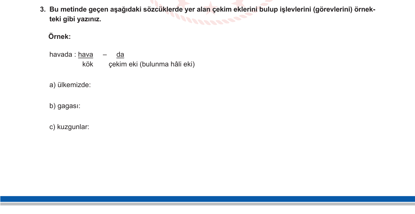 Türkçe sorusu 3 — Çekim ekleri — hâl ekleri, iyelik ekleri, çoğul eki; kök-ek ayrımı