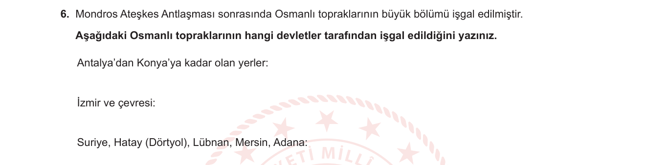 T.C. İnkılap Tarihi ve Atatürkçülük sorusu 7 — Mondros Ateşkes Antlaşması ve Osmanlı Topraklarının İşgali
