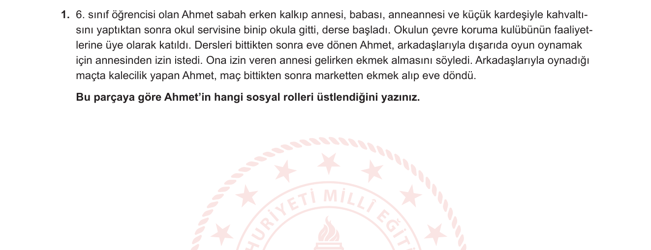 Sosyal Bilgiler sorusu 11 — Sosyal roller; birey ve toplum; aile ve sosyal çevre