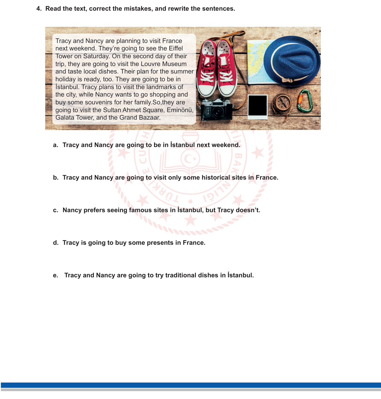 İngilizce sorusu 4 — Travel Plans / Error Correction based on reading passage (10. sınıf İngilizce — France & Istanbul travel)