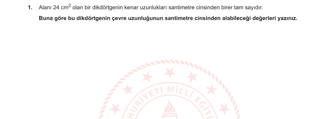 Matematik sorusu 10 — Dikdörtgen ve kare — çevre ve alan; Doğal sayılarda bölünebilme