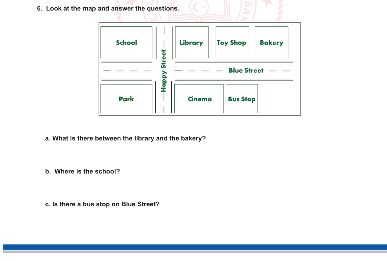 İngilizce sorusu 7 — Map reading, prepositions of place, there is/there are (5. sınıf İngilizce)