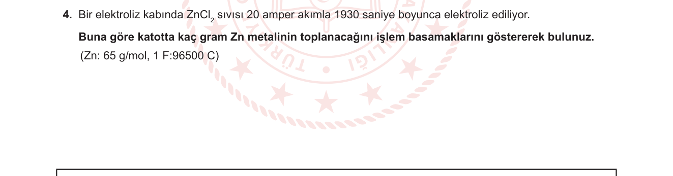 Kimya sorusu 19 — Elektroliz — Faraday yasası, akım-süre-kütle ilişkisi