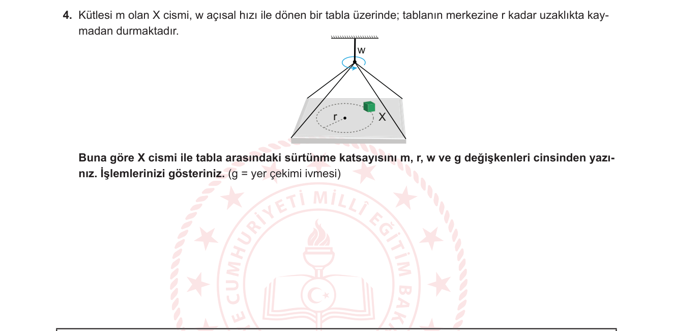 Fizik sorusu 4 — Düzgün Dairesel Hareket — Sürtünme Kuvveti, Merkezcil Kuvvet, Dönen Tablo