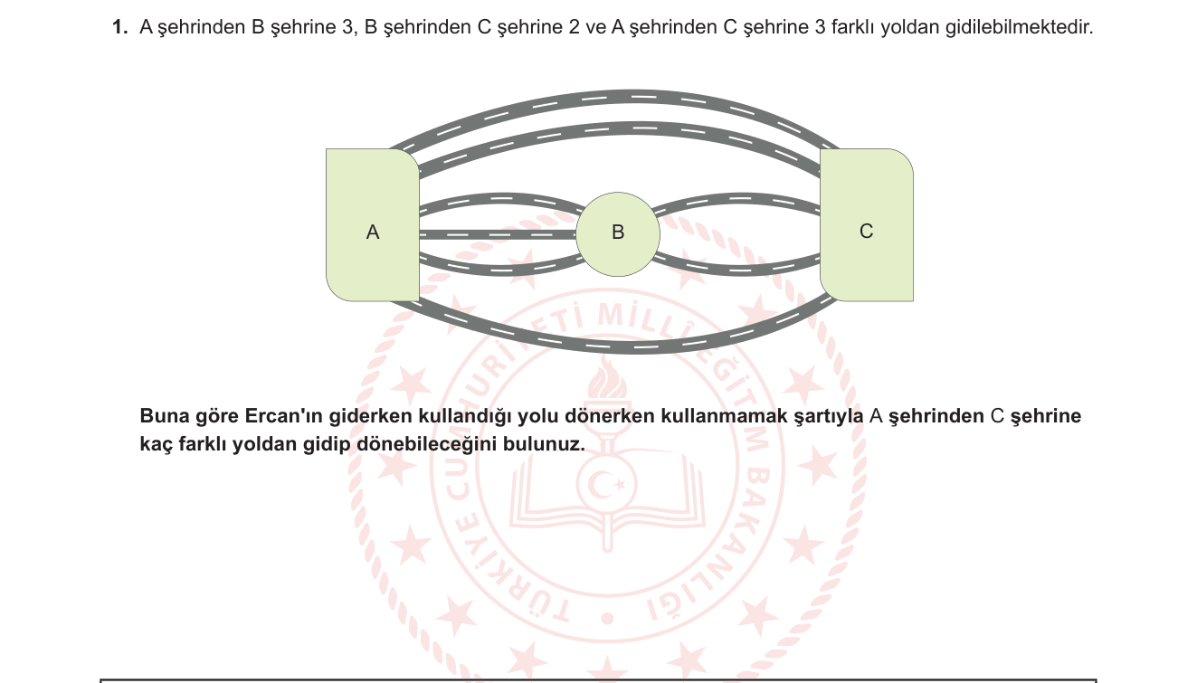 Matematik sorusu 12 — Temel Sayma İlkesi — Çoklu Rota Kanalı + Gidiş-Dönüş Kısıtı