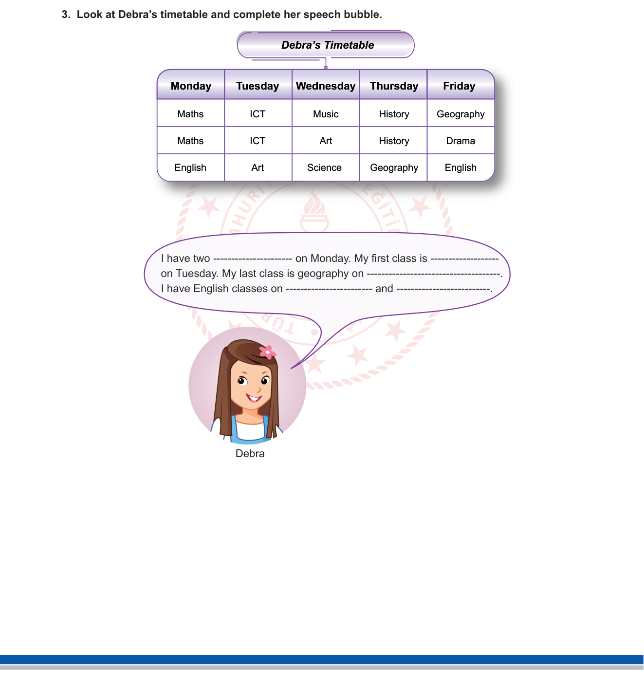 İngilizce sorusu 3 — Ders programı / Günler ve dersler (School Subjects & Timetable) — 5. Sınıf İngilizce