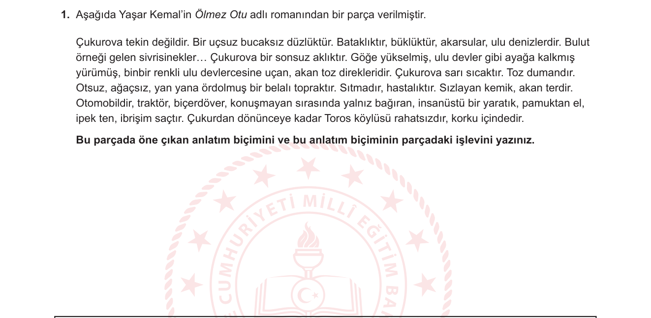 Türk Dili ve Edebiyatı sorusu 1 — Anlatım biçimleri (betimleyici/tasvir edici anlatım); Cumhuriyet Dönemi Türk romanı; Yaşar Kemal, Ölmez Otu